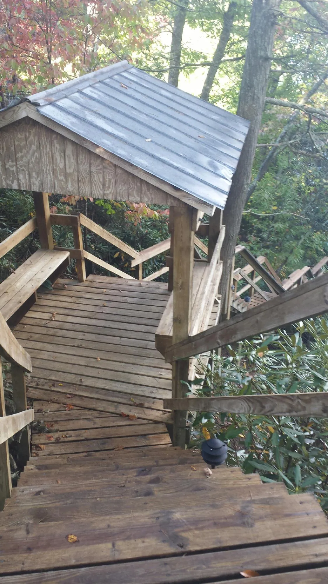 Metal roofed shelter over wooden steps on a wooded walkway — Skylight Repair & Installation work by our crew in Thornton
